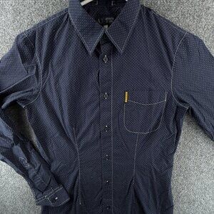Armani Jeans Button Up Shirt Men Cotton Long Sleeve Navy Blue Dotted Logo Pocket